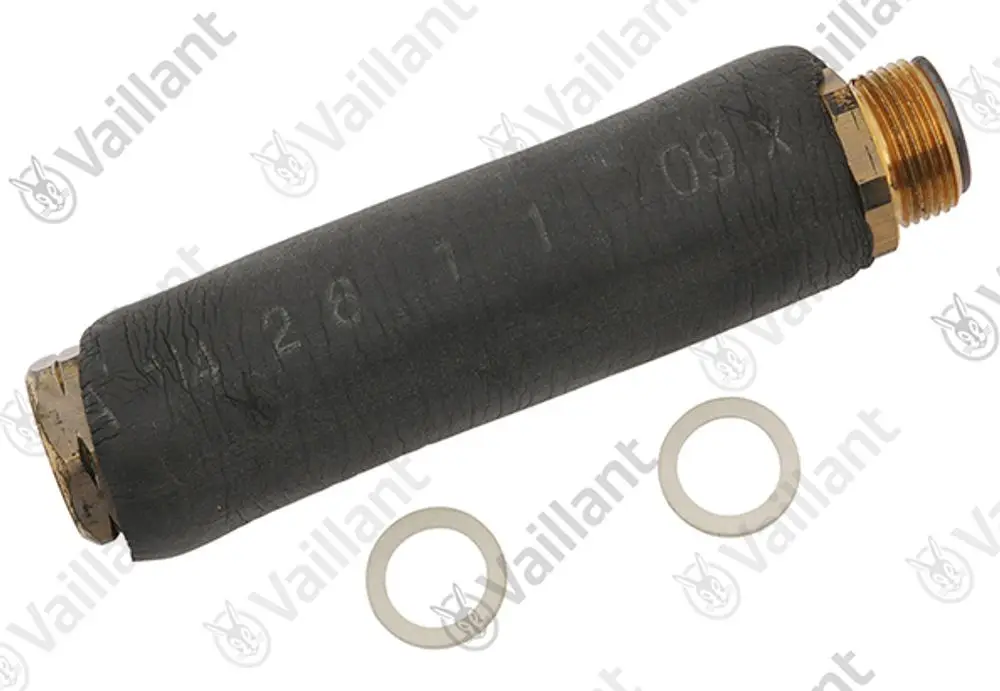 Vaillant-Rohr mit einer schwarzen Gummiummantelung und Metallanschlüssen, gelegen neben zwei Dichtungsringen.